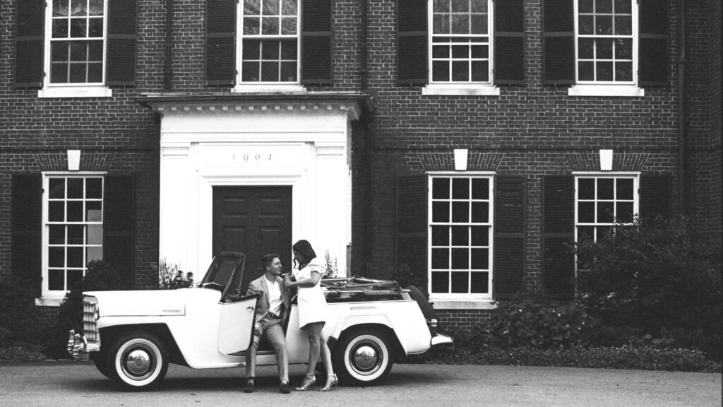 film black and white photo of couple at Bradley Estate Engagement Photos