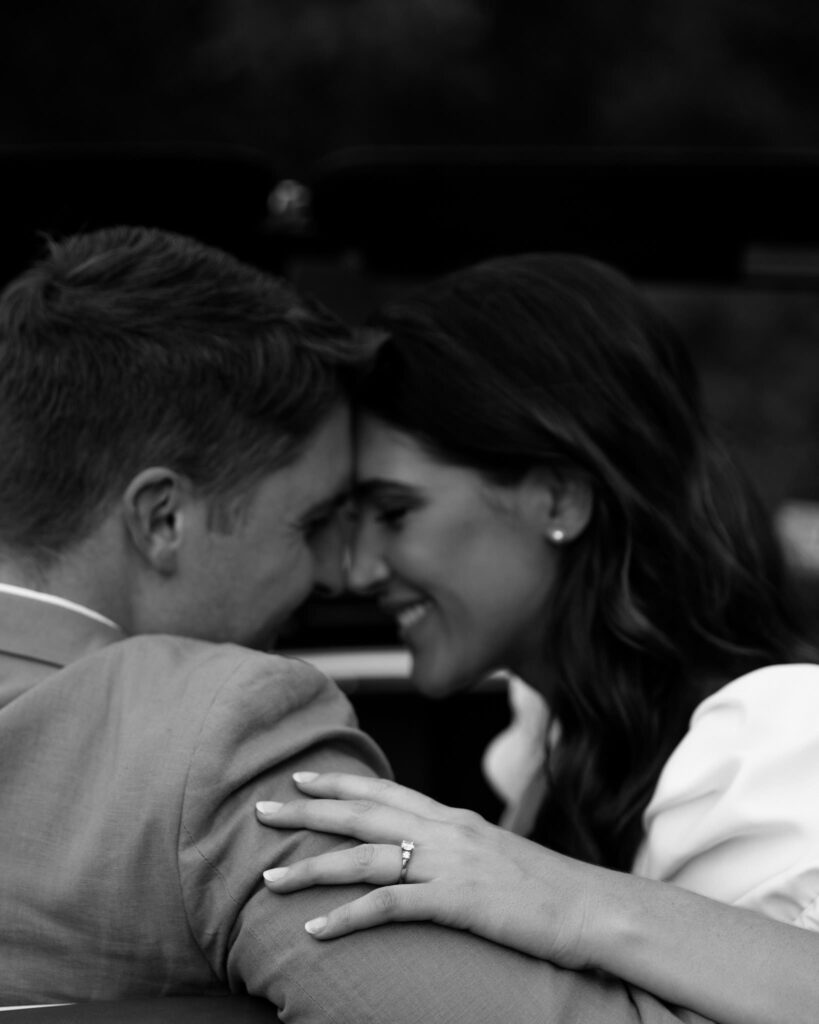 black and white photo of engaged couple at Bradley Estate Engagement Photos