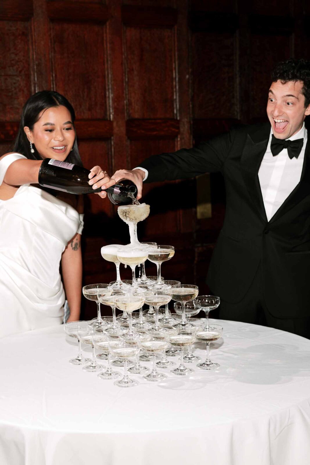 Champagne tower at the Harvard Club of Boston Wedding