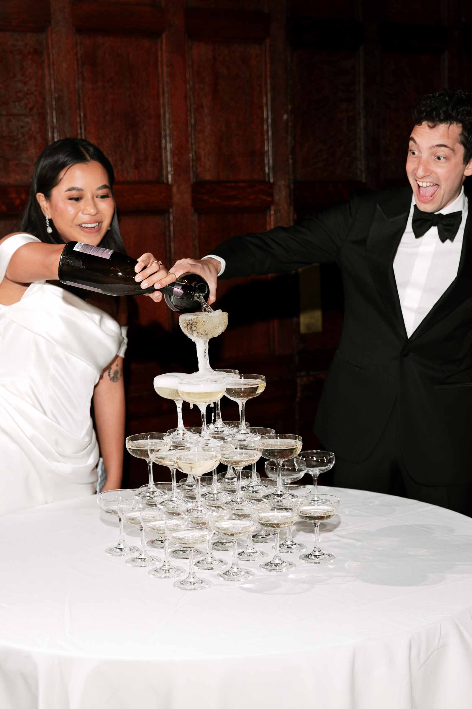 Champagne tower at the Harvard Club of Boston Wedding