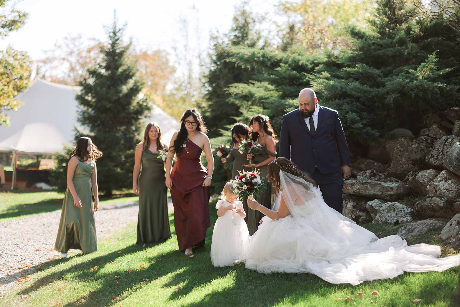Wedding party gets ready for photos at Harrington Farm Wedding