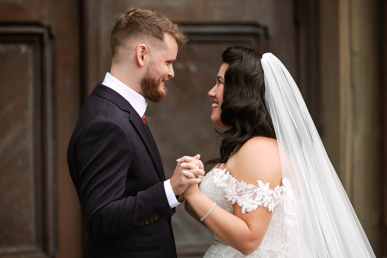 bride and groom first look in Cambridge before UMASS Club Boston Wedding