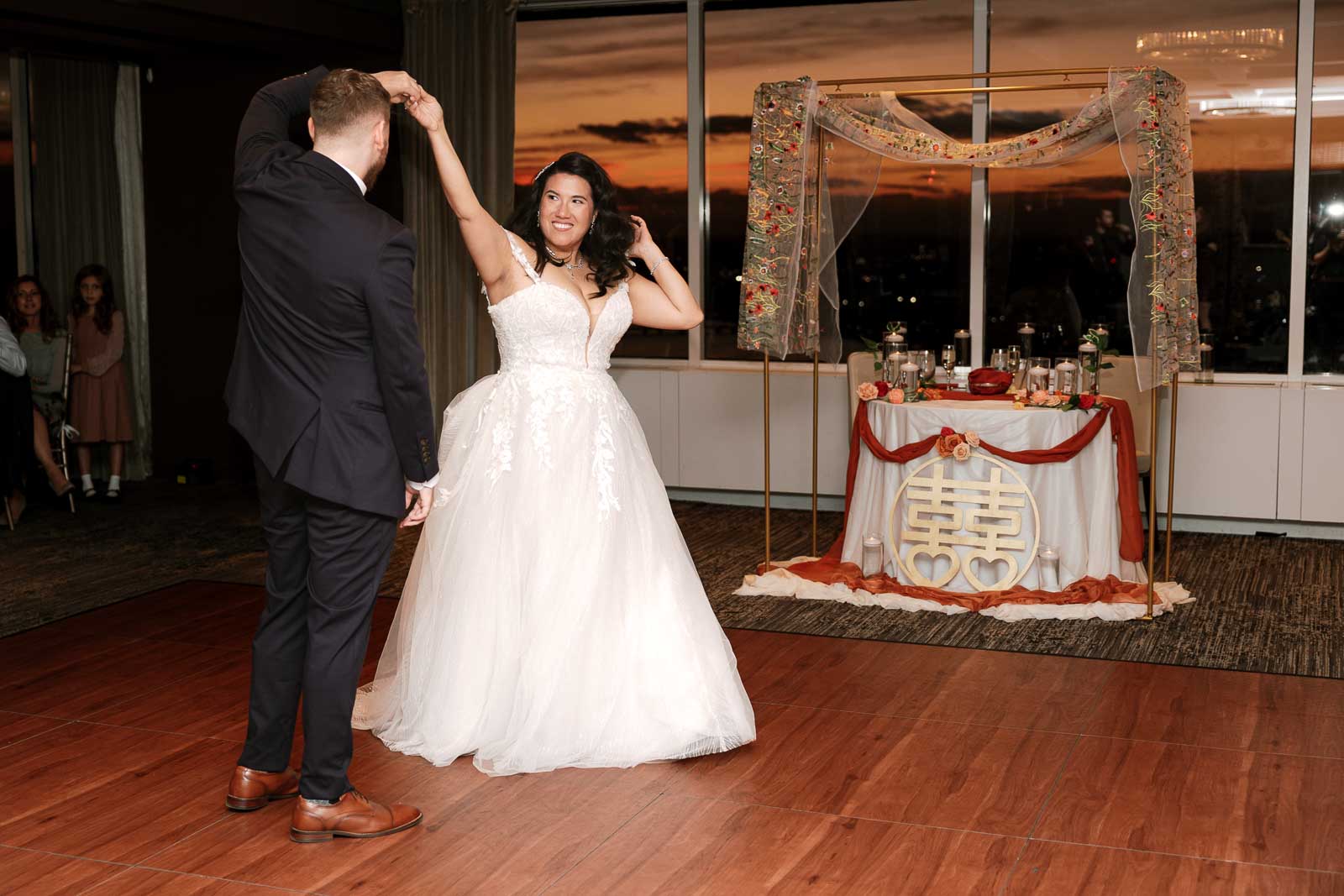 Bride and Groom Share First Dance at UMASS Club Wedding